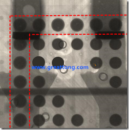 BGA錫球尺寸小于0.4mm，采用降低BGA內圍襲球的錫膏量所得到X-Ray，稍微留意一下可以發(fā)現(xiàn)最外圈的錫量(圓的直徑)比其他內圍的錫球上的錫量來得多一點點。也就是外圈的黑色圓形直徑比內圈的圓形來得大一點點。