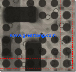 BGA錫球尺寸小于0.4mm，采用降低BGA內圍襲球的錫膏量所得到X-Ray，稍微留意一下可以發(fā)現(xiàn)最外圈的錫量(圓的直徑)比其他內圍的錫球上的錫量來得多一點點。也就是外圈的黑色圓形直徑比內圈的圓形來得大一點點。