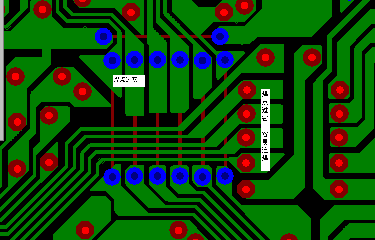 PCB設計焊點過密，易造成波峰連焊，焊點間漏電