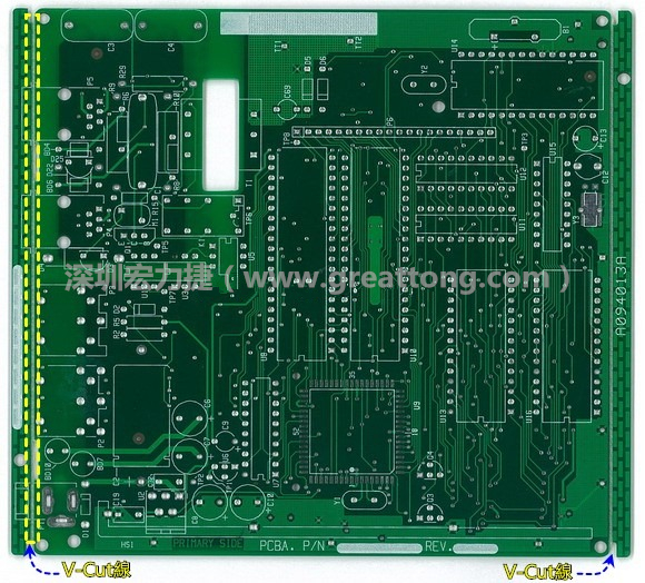 所謂【V-cut】是印刷電路板(PCB)廠商依據客戶的圖紙要求，事先在PCB的特定位置用轉盤刀具切割好的一條條分割線，其目的是為了方便后續SMT電路板組裝完成后的「分板(De-panel)」之用，因為其切割后的外型看起來就像個英文的【V】字型，因此得名。