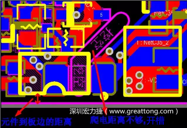 如果碰到模塊PCB空間有限，爬電距離不夠，可以采用開槽的方式