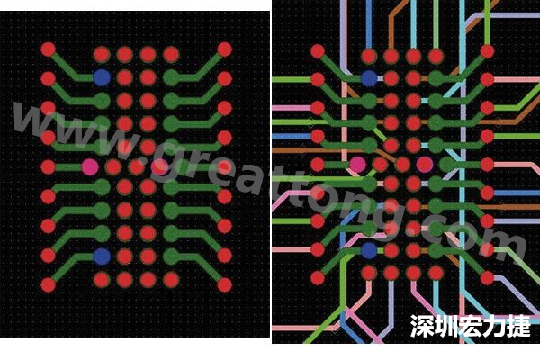圖7：焊盤內過孔用于內部，而外部接腳在0.5mm閘格上扇出。圖7a顯示的是頂層(左)；圖7b顯示頂層和內部布線層(右)。